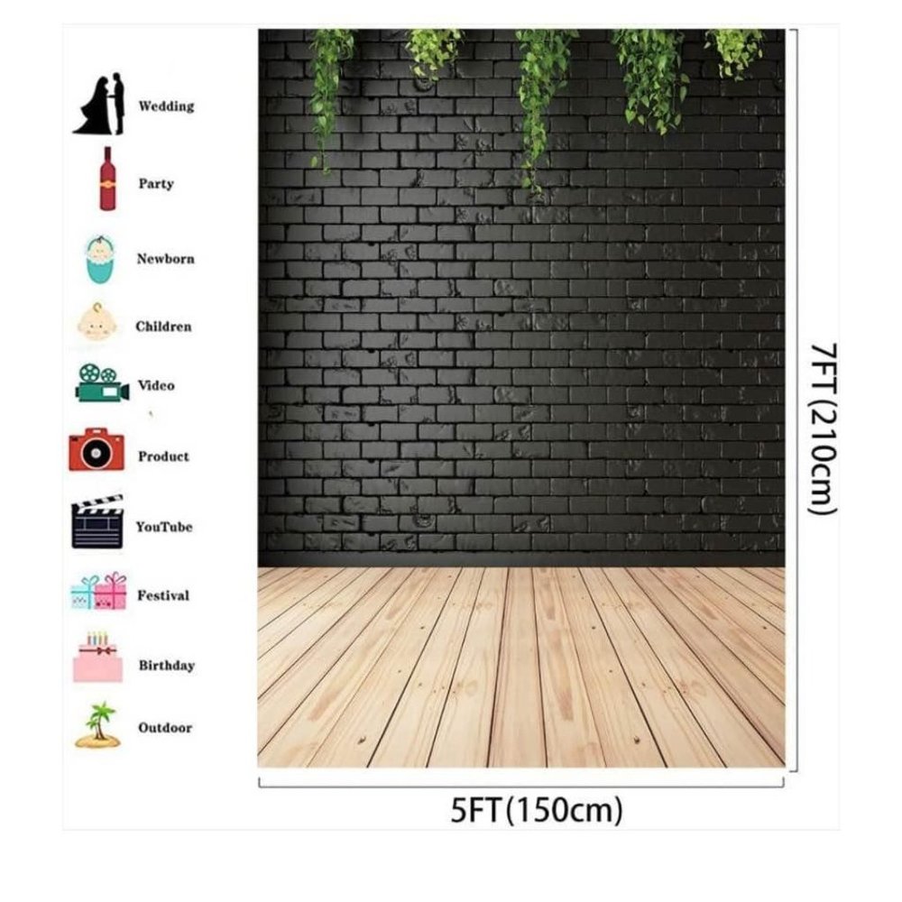 Black Brick Wall w/ Falling Greenery Backdrop Wedding Background - Picture 4 of 4